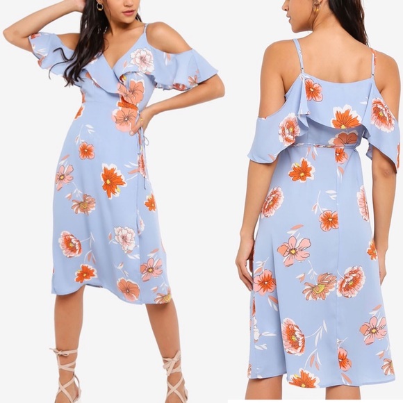 Open Shoulder Floral Wrap Dress - Picture 1 of 6